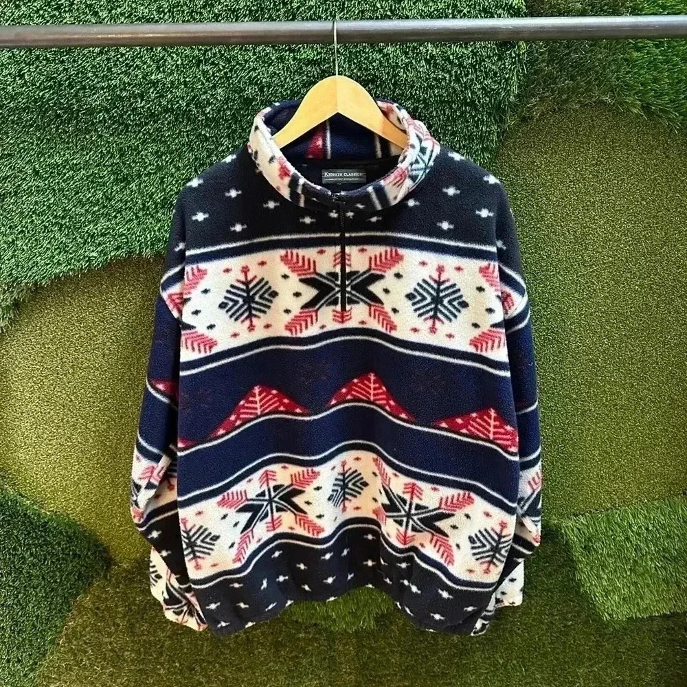 Vintage Snowflake Winter Abstract Striped 1/4  Zip-up Fleece